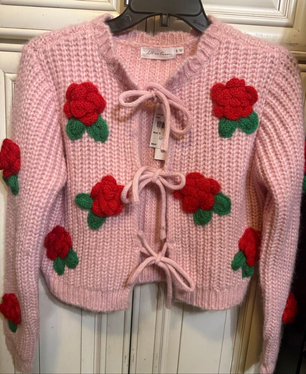 All In Favor Women's 3D Flower Chunky Cardigan Fleece Sweater Pink Red Small NWT